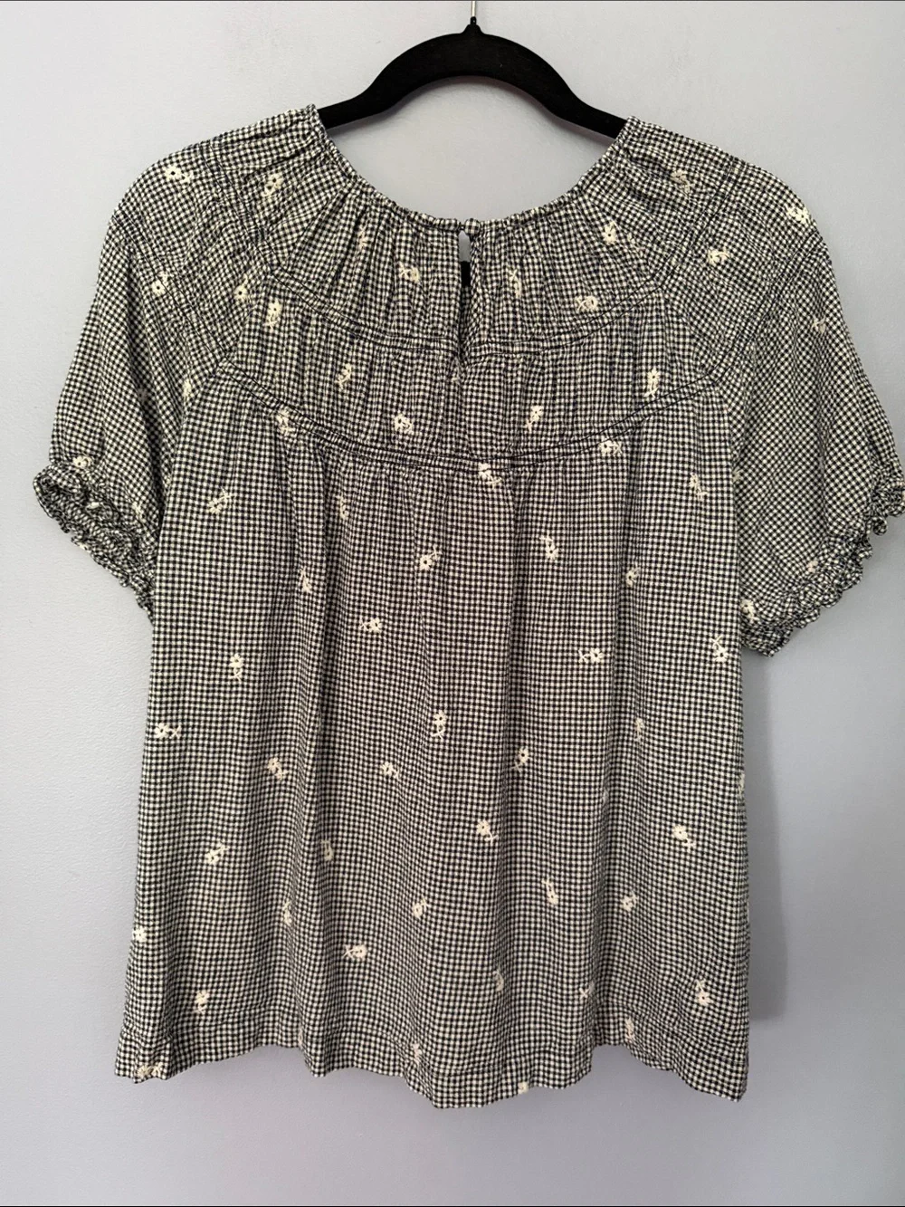 Madewell Black White Gingham Embroidered Daisy Smocked Puff Sleeve Top XL